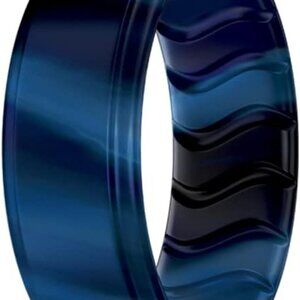 Silicone Ring, Men's Band, Black, Blue, Breathable Wave Design